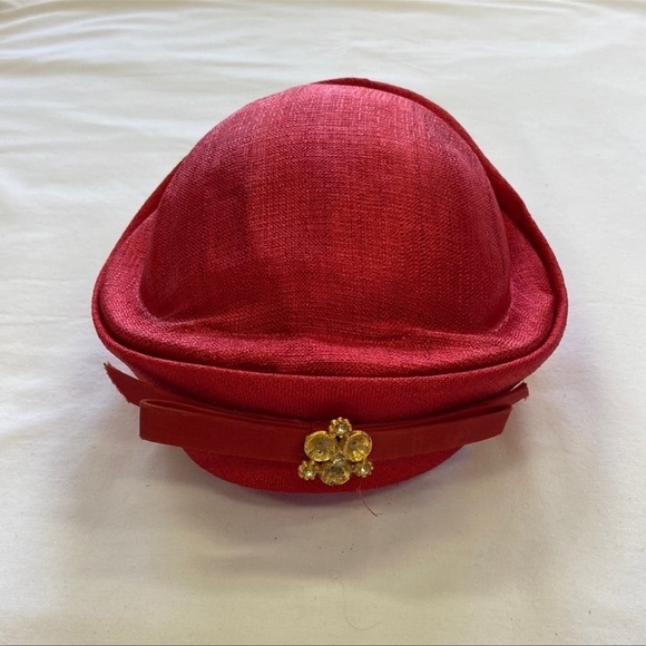 Vintage Hat Rhinestones Shimmer Red‎ Bow - Picture 1 of 10
